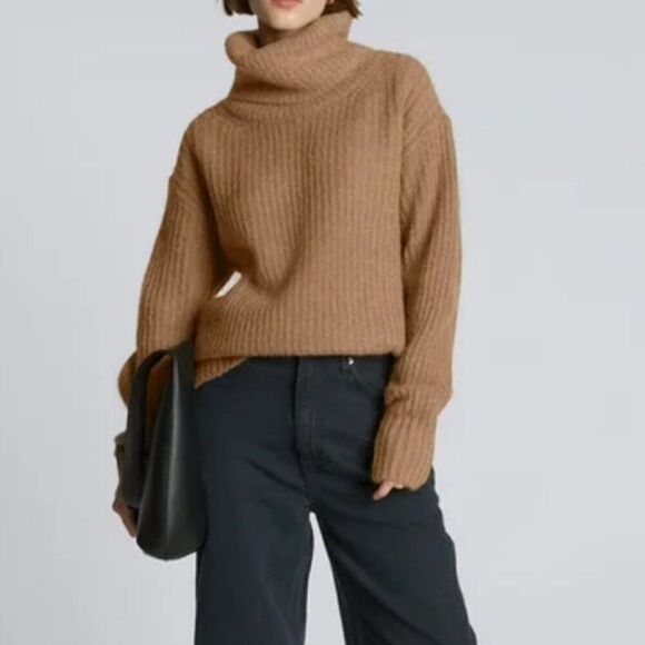 Everlane Womens Alpaca Wool Tan Oversized Turtleneck Ribbed Cozy Sweater Sz XS - Picture 1 of 11